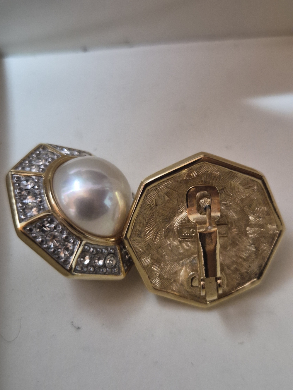Gold-Tone Pearl & Crystal Octagon Clip-On Earrings - White Pearl